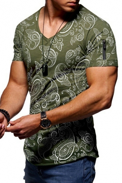 Popular Tee Shirt Paisley Printed Short Sleeve V Neck Slim Fitted T-Shirt for Boys
