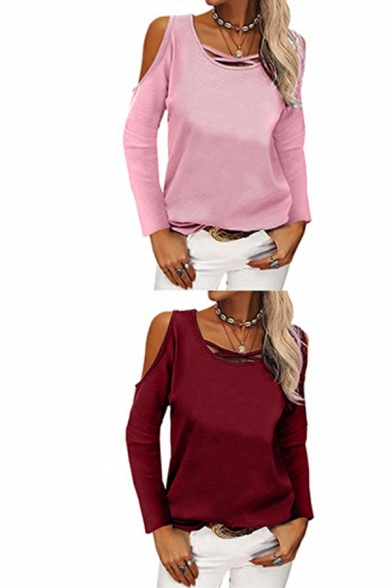 Popular Women T-shirt Solid Hollow Out Regular Long-sleeved Criss Cross Crew Neck Tee Top