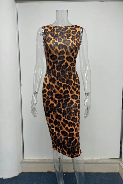 Sexy Women's Dress Leopard Printed Sleeveless Slimming Backless Crew Neck Dress