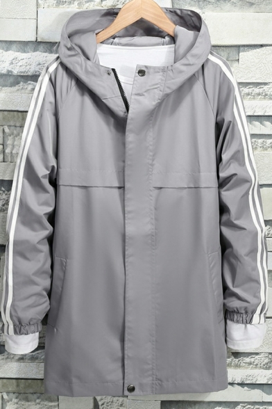 Street Look Trench Coat Stripe Printed Hooded Full Zip Trench Coat for Men