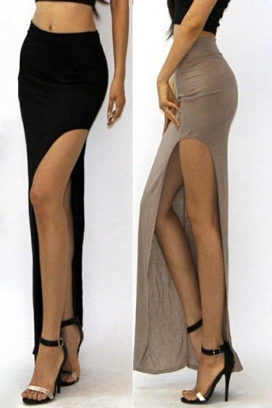 Stylish Skirt Plain Elastic Waist Split Design Maxi Skirt for Women