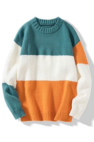 Urban Sweater Color Block Round Neck Ribbed Trim Sweater for Men