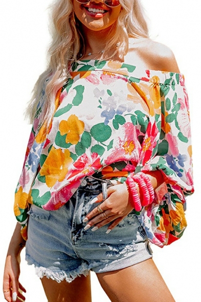 Basic Women's T-Shirt Floral Pattern 3/4 Length Puff Sleeved One Shoulder Oversize Tee Top