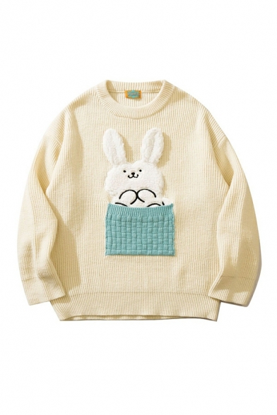 Boyish Sweater Rabbit Print Round Neck Front Pocket Ribbed Trim Sweater for Men