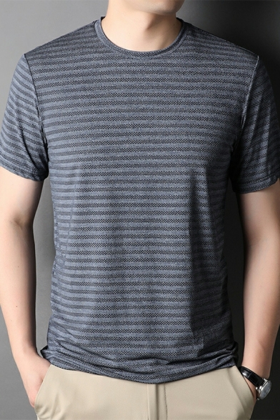 Casual Tee Shirt Stripe Printed Crew Collar Regular Short Sleeves T-Shirt for Men