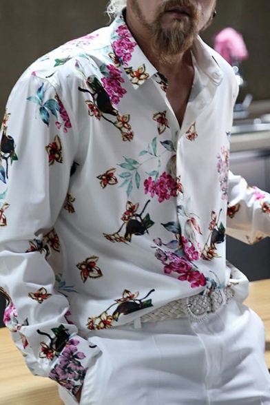 Chic Shirts Floral Patterned Spread Collar Button down Shirts for Men