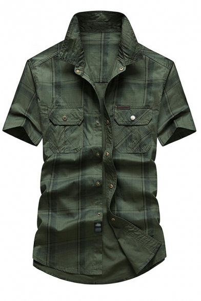 Dashing Shirt Checked Print Spread Collar Pocket Fitted Short Sleeve Button Shirt for Boys