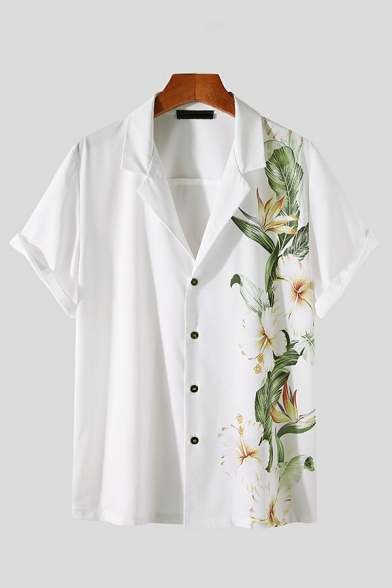 Elegant Shirt Floral Print Notched Collar Relaxed Short-Sleeved Button Down Shirt for Boys