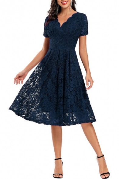 Elegant Womens Dress Floral Pattern Lace V-Neck Short Sleeve Midi A-Line Dress