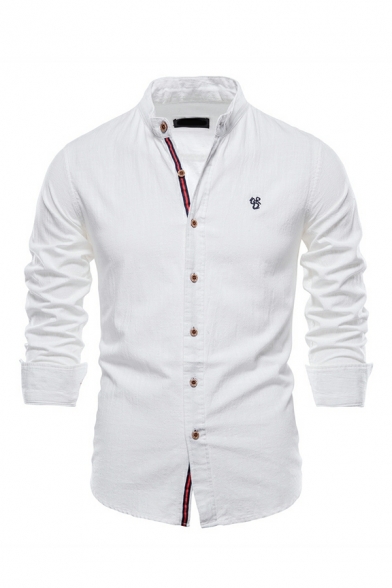 Fancy Guy's Shirt Plain Embroidery Stand Collar Long Sleeves Slim Fitted Button Fly Shirt