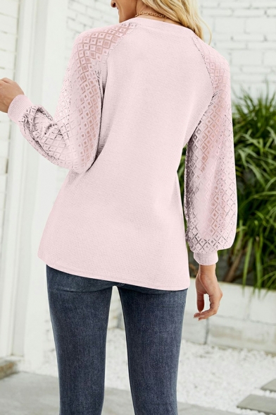 Fashion Ladies Tee Shirt Contrast Color Long Sleeves Round Collar Lace Detail Tee Shirt