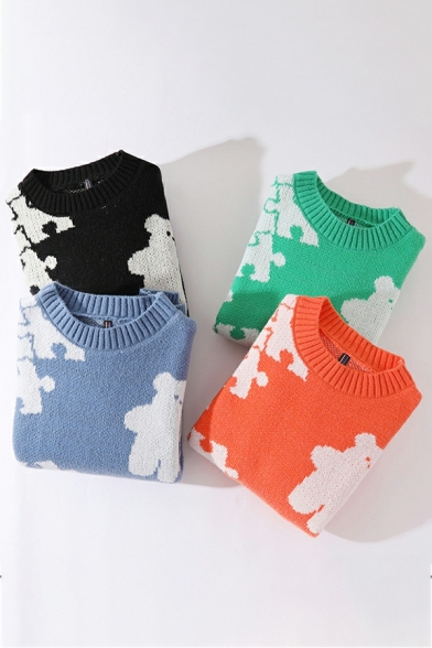 Fashionable Sweater Puzzle Printed Round Neck Ribbed Trim Sweater for Men