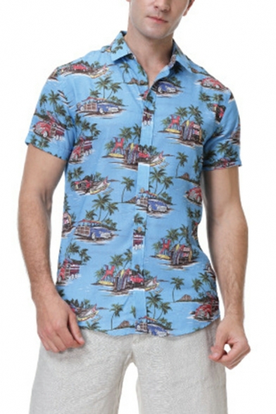 Guys Fashionable Shirt Tropical Print Notched Collar Short Sleeves Button Down Shirt