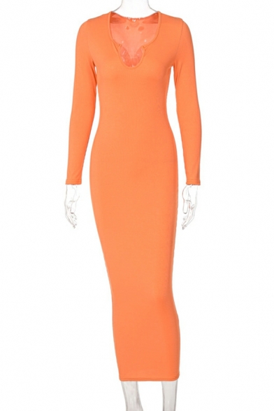 Leisure Womens Dress Whole Colored Scoop Neck Long Sleeve Maxi Length Bodycon Dress