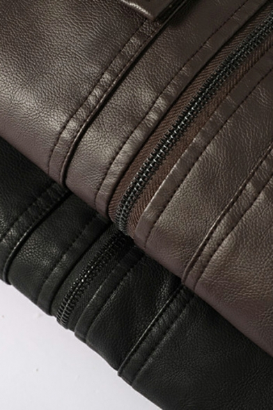 Men Boyish Leather Jacket Plain Brushed Spread Collar Leather Jacket