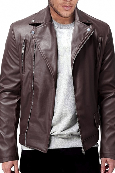 Men Casual Leather Jacket Plain Lapel Collar Full Zipper Leather Jacket