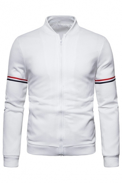 Men Classic Jacket Contrast Line Pocket Stand Collar Skinny Zip Closure Baseball Jacket