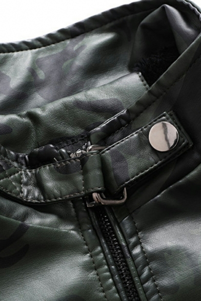 Mens Vintage Jacket Camouflage Print Slim Spread Collar Long Sleeves Zipper Leather Jacket