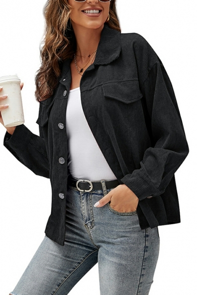 Modern Ladies Jacket Whole Colored Pocket Long Sleeves Pocket Button Spread Collar Jacket