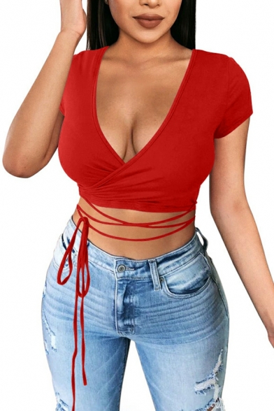 Modern T-Shirt Solid Color V-Neck Lace Up Short-Sleeved T-Shirt for Women