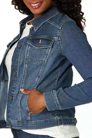 Women Sporty Denim Jacket Solid Color Spread Collar Button Closure Denim Jacket