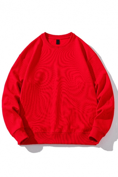 Cozy Men's Sweatshirt Plain Long Sleeves Crew Collar Loose Fit Pullover Sweatshirt