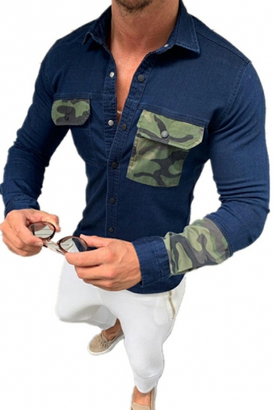 Edgy Men Jacket Camouflage Print Pockets Turn-down Collar Slim Button down Denim Jacket