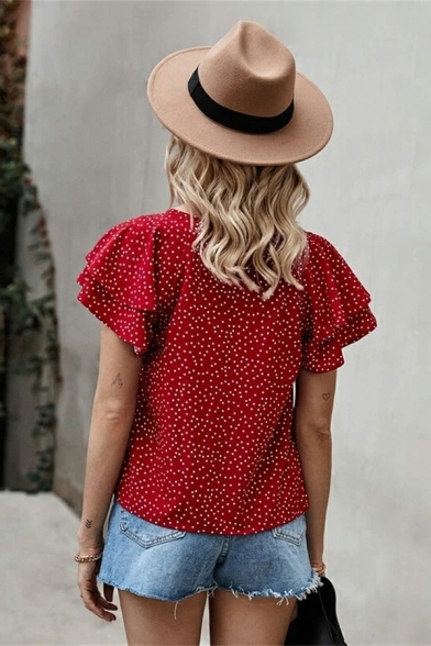 Edgy Tee Shirt Polka Dots Print Round Neck Short Sleeves Ruffles Detail Tee Top for Ladies