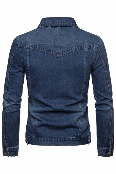 Fashion Guys Jacket Pure Color Chest Pocket Turn-down Collar Long Sleeve Slim Denim Jacket