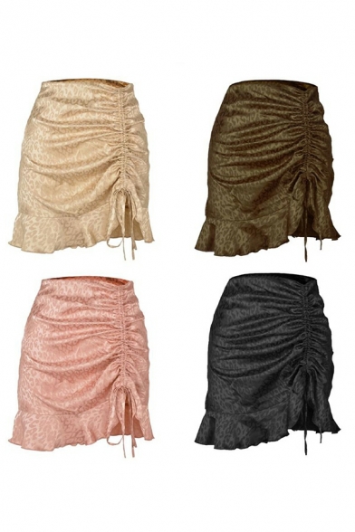 Fashionable Women's Skirts Leopard Printed Ruched High Elasticated Waist Mini Skirts