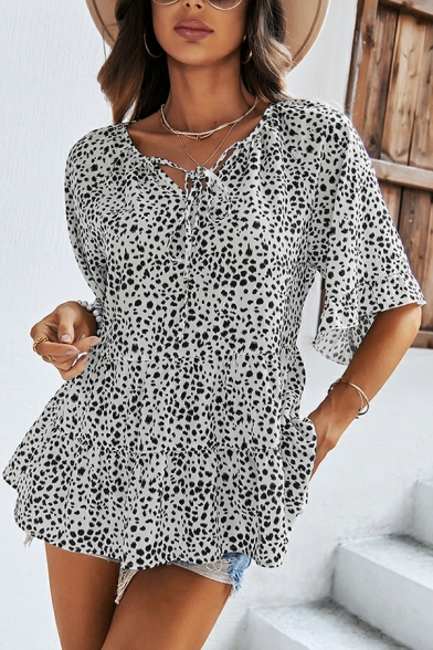 Flirty Women Tee Shirt Leopard Pattern V-Neck Half Flared-Sleeve Ruffles Detail T-Shirt