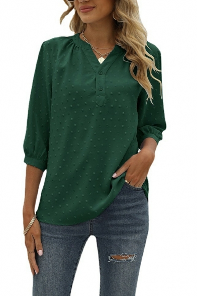 Girls Pop Shirt Polka Dots Printed Button Design V-neck 3/4 Length Sleeve Blouse