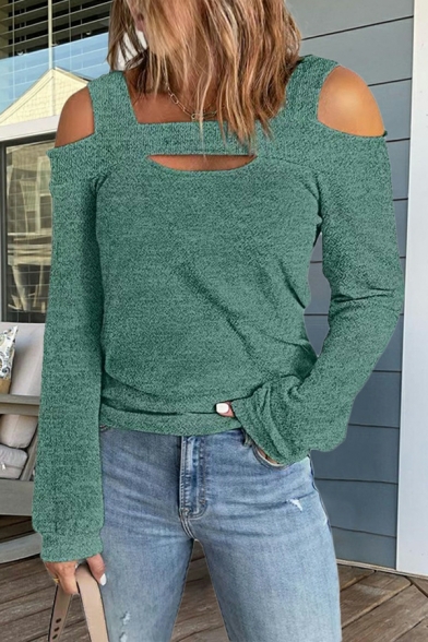 Ladies Simple Tee Shirt Solid Color Long-Sleeved Square Collar Fitted Hollow Out T-shirt
