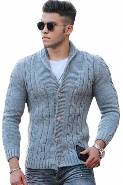 Leisure Guys Cardian Solid Cable Knit Shawl Collar Slim Long Sleeve Button Fly Cardian