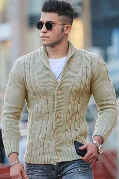 Leisure Guys Cardian Solid Cable Knit Shawl Collar Slim Long Sleeve Button Fly Cardian