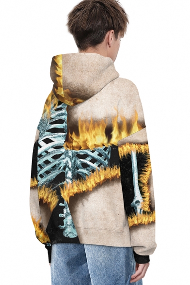 Men Leisure Hoodie 3D Skeleton Printed Kanga Pocket Rib Cuffs Hoodie