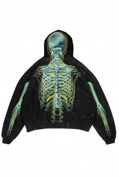 Men Leisure Hoodie 3D Skeleton Printed Kanga Pocket Rib Cuffs Hoodie