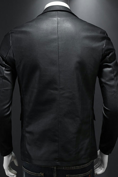 Modern Jacket Pure Color Pocket Long Sleeves Lapel Collar Slimming Leather Jacket for Men