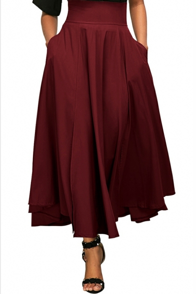 Modern Skirt Solid Color Elastic Waist A-Line Maxi Skirt for Women