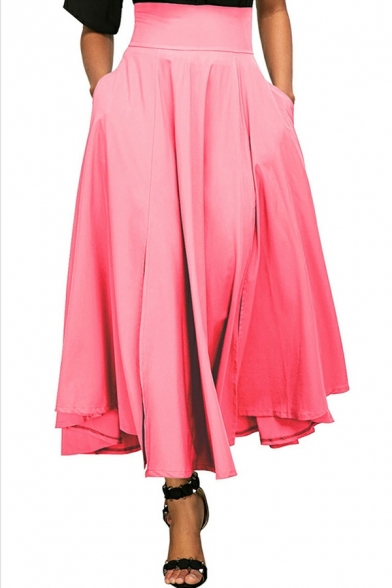 Modern Skirt Solid Color Elastic Waist A-Line Maxi Skirt for Women