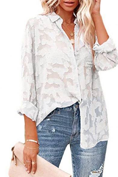 Popular Women Shirt Solid Color Cut-outs Turn-down Collar Button down Long Sleeve Shirt