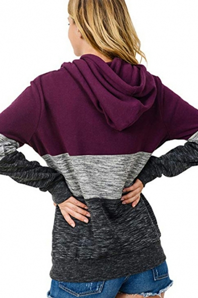 Retro Hoodie Color-blocking Pocket Long Sleeves Regular Hooded Drawstring Hoodie for Girls