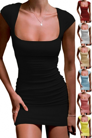 Sexy Women's Dress Whole Colored Square Neck Backless Cap Sleeve Mini Dress
