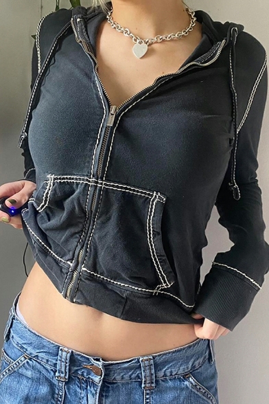 Simple Casual Jacket Plain Hooded Full Zipper Front Pocket Casual Jacket for Women