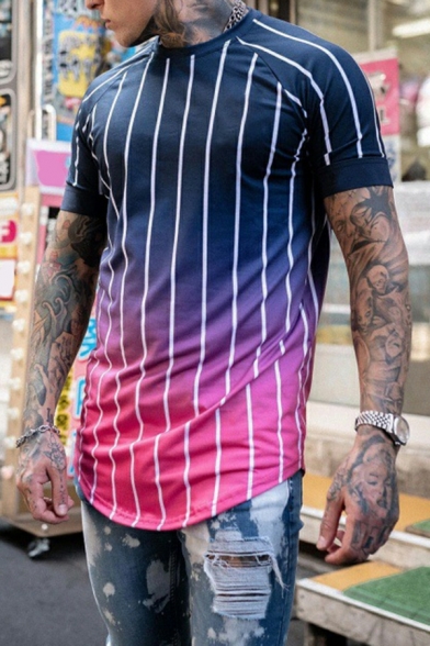 Street Look Guy's Tee Shirt Stripe Printed Crew Neck Ombre Short Sleeve Skinny T-Shirt