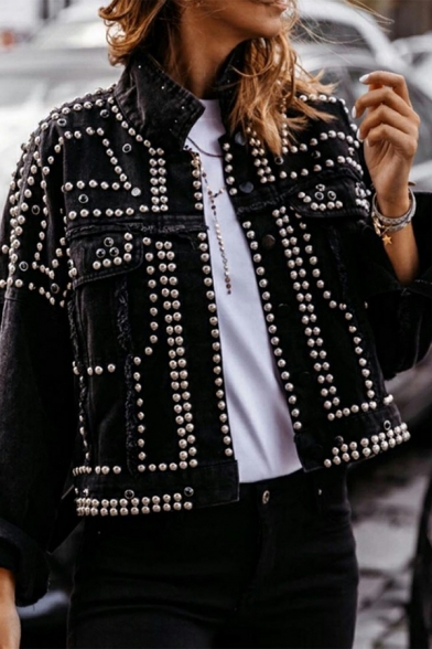 Women Street Look Denim Jacket Plain Spread Collar Rivet Design Denim Jacket