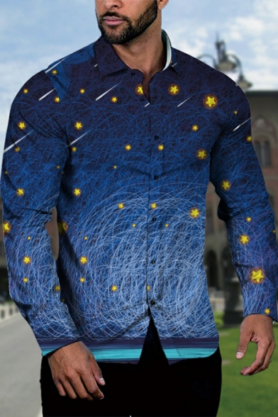 Boy's Urban Cotton Shirt 3D Pattern Turn-down Collar Long-Sleeved Slimming Button Shirt