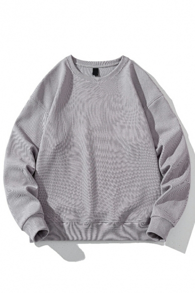 Cozy Men's Sweatshirt Plain Long Sleeves Crew Collar Loose Fit Pullover Sweatshirt