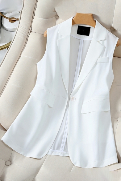 Cozy Waistcoat Pure Color Notched Lapel Flap Pocket Single Button Loose Vest for Girls