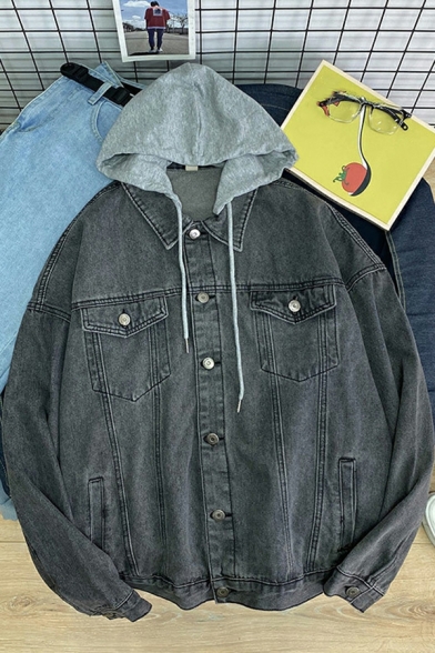 Creative Jacket Contrast Color Pocket Hooded Baggy Single Breasted Denim Jacket for Guys